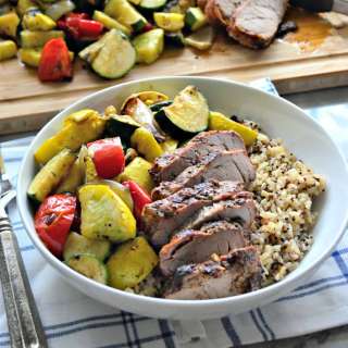 Grilled Roasted Garlic & Cracked Black Pepper Pork Tenderloin with Brown Rice & Veggie Bowls