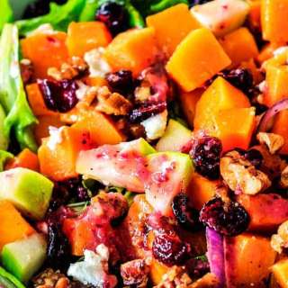 Roasted Butternut Squash Salad with Cranberries, Caramelized Pecans and Goat Cheese