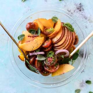 Marinated Tomato Peach Salad with Herb Butter Toast