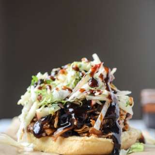 Saucy Chicken Sandwiches with Pomegranate BBQ Sauce and Crunchy Apple Slaw