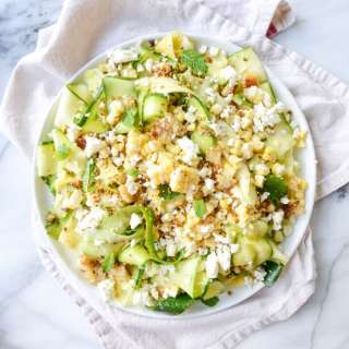 Marinated Zucchini Feta Salad with Fresh Corn and Toasted Pistachio Breadcrumbs