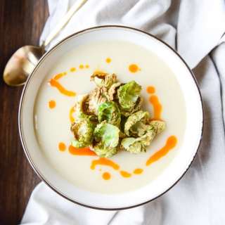 Creamy Roasted Garlic Potato Soup with Crispy Brussels
