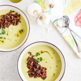 Creamy Caramelized Leek Soup with Maple Glazed Bacon