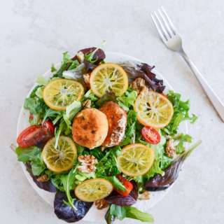 Spring Greens with Candied Meyer Lemons and Spicy Fried Goat Cheese