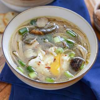 Chicken + Mushroom Noodle Soup with Poached Eggs