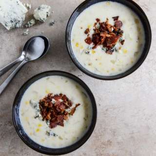 Cheesy Corn Chowder with Bacon + Gorgonzola