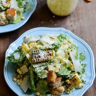 Roasted Corn Caesar Salads with Parmesan Greek Yogurt Caesar Dressing