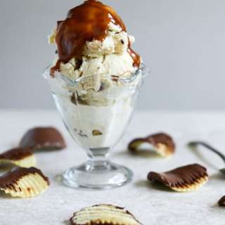 Sweet Corn Ice Cream with a Salted Caramel Swirl + Chocolate Covered Potato Chips