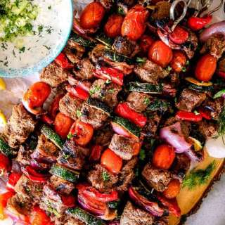Beef Greek Kabobs with Whipped Feta Tzatziki Dip