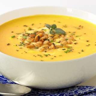 Butternut Bisque with Brown Butter-Sage Pine Nuts