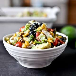 Summertime Grilled Corn, Chicken + Blueberry Chopped Salad with Honey Lime Vinaigrette
