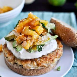 Shrimp Burgers with Chipotle Cream & Coconut Peach Salsa