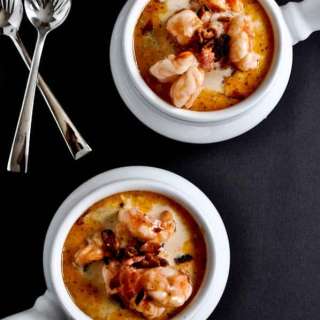 Fresh Corn Chowder with Bacon + Barbecue Shrimp