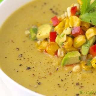 Fresh Corn Soup with Roasted Corn and Avocado Salsa