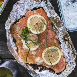 Campfire Salmon with Lemon-Dill Yogurt Sauce