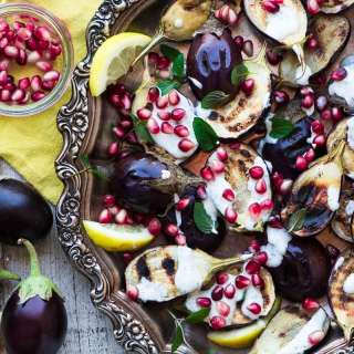 Grilled Baby Eggplant with Minted Yogurt and Pomegranate