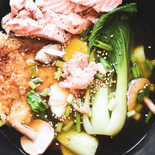 Japanese ochazuke with fried rice cakes and salmon