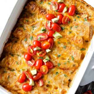 Cheesy Chicken Enchiladas with Jalapeno Lime Sour Cream Sauce