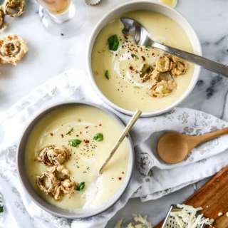 Irish Ale Potato Cheddar Soup with Beer Battered Leeks