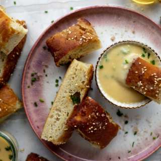Pretzel Focaccia with Dijon Beer Cheese