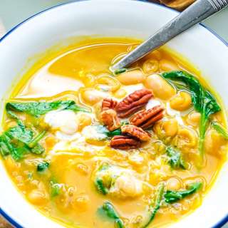Vegan Pumpkin Soup with Cannellini and Spinach