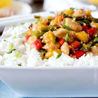 Honey Lemon Chicken Stir Fry with Asparagus and Mangos