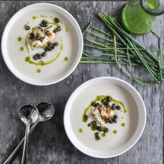 Creamy Cauliflower Soup with Crispy Capers and Chive Oil