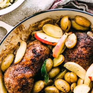 Roast Chicken with Potatoes, Apples, and Brown Cabbage