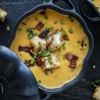 Smoky Pumpkin Bisque with Grilled Cheese Croutons