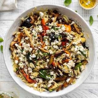 Grilled Vegetable Orzo with Smashed Feta Vinaigrette