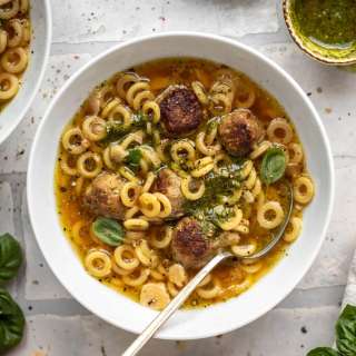 Summer Pesto Mini Meatball Soup