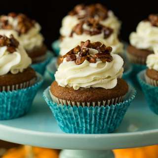 Easy Pumpkin Cupcakes with Vanilla Bean Buttercream and Candied Pecans