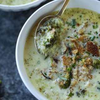 Roasted Broccoli Gruyere Cheese Soup with Brown Butter Croutons