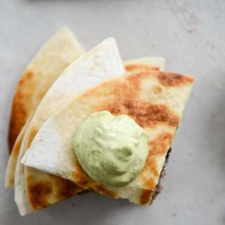 Cheesy Double Bean Quesadillas with Homemade Avocado Ranch