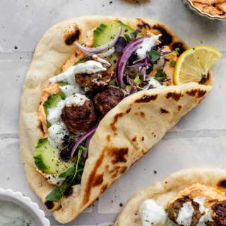 Chicken Meatball Pitas with Roasted Red Pepper Whipped Feta