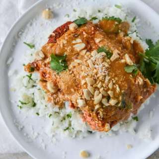 Salmon with Thai Curry Peanut Sauce and Coconut Cilantro Rice