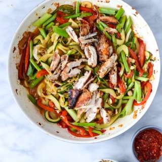 Thai Drunken Zucchini Noodles with Spicy Honey Chicken