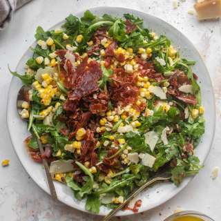 Crispy Prosciutto and Charred Corn Arugula Salad