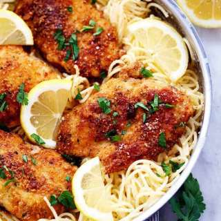 Crispy Parmesan Chicken with Creamy Lemon Garlic Pasta