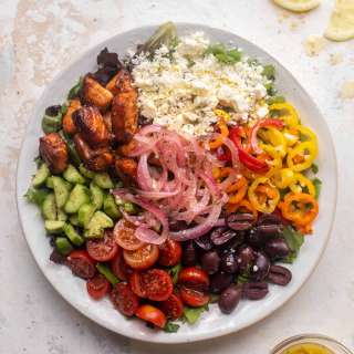 Crispy Honey Lemon Salmon Greek Salad