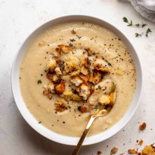 Cauliflower White Bean Soup with Mustard Croutons