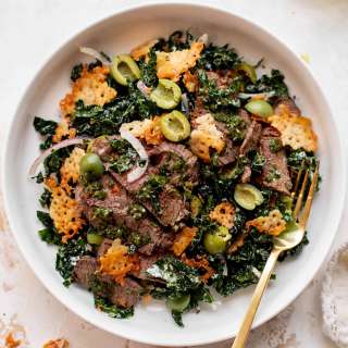 Chimichurri Kale Steak Salad with Manchego Crisp Croutons