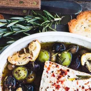 Baked Feta Cheese with Olives, Lemon and Rosemary