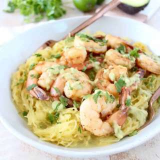 Cilantro Lime Shrimp with Green Chili Avocado Sauce and Spaghetti Squash