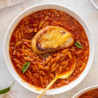 Tomato Orzo Soup with Crunchy Cheddar Toasts