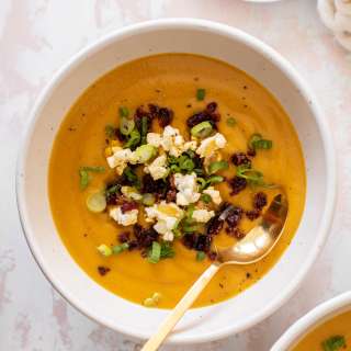 Spicy Honeynut Squash Soup with Buttered Popcorn