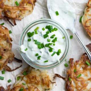 Sweet Onion Latkes with Chive Sour Cream