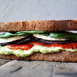 Roasted veg sandwich with avocado mayo and goats cheese