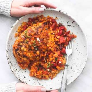 One Pan Greek Sun Dried Tomato Chicken and Lentils