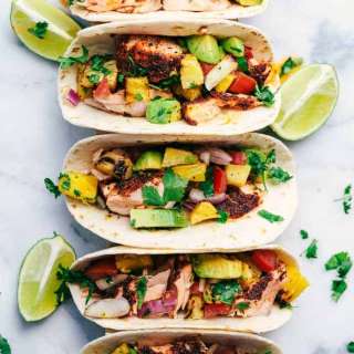 Grilled Spicy Blackened Salmon Tacos with Pineapple Avocado Salsa